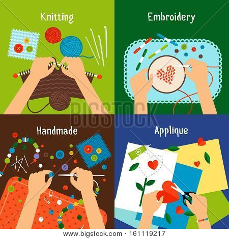 Handmade vector illustration set. Human hands knitting, cross stiching, cutting and working with beads
