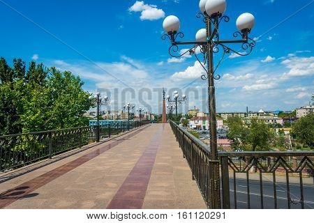 SHYMKENT, KAZAKHSTAN - JULY 19: View over Shymkent independence park monument statue Kazakhstan. July 2016