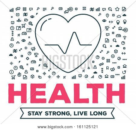 Vector creative illustration of big heart with set of line icons and word typography on white background. Healthy lifestyle concept. Thin line art style design for healthy heart