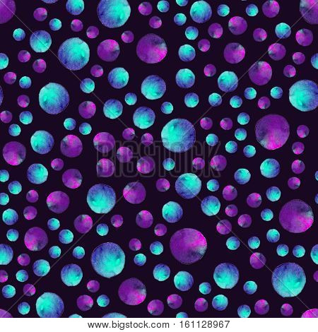 Seamless pattern. Watercolor abstract background. Watercolor round brushstrokes. On darkbackground. Colorful and endless print. Violet blue bubble gum