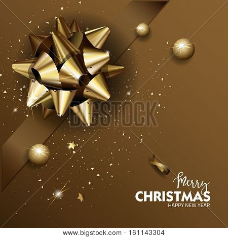 Elegant Merry Christmas or Happy New Year background with gold bow. Vector Illustration.