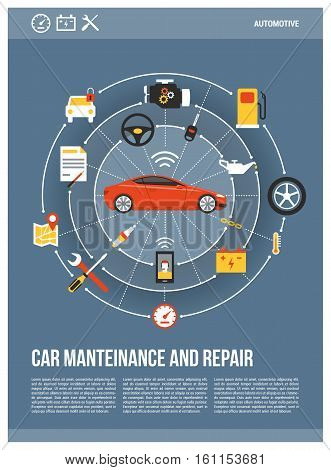 Car mainteinance and repair concept poster red luxury car surrounded by auto parts tools and icons