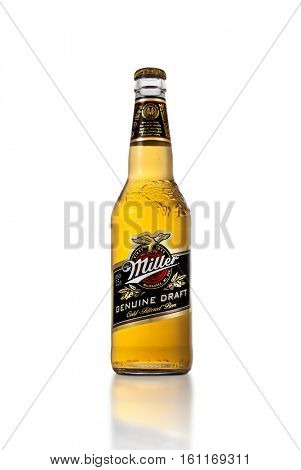 MINSK, BELARUS - October 3, 2016: Miller Genuine Draft cold filtered not pasteurized beer nicknamed MGD. MGD received the gold medal in the American-style Premium Lager category at 1999 World Beer Cup