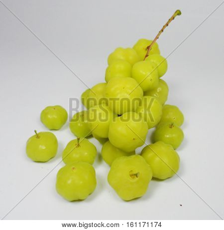 Star gooseberry and leaves isolate on white background,Star gooseberry on white background.Phyllanthus acidus, known as the Otaheite