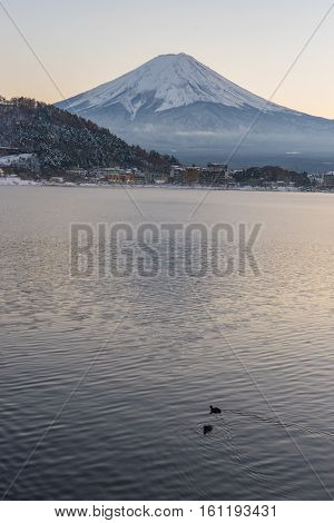 Japan, Fuji Mountain, Kawaguchiko Lake In Autumn Afternoon, With Warm Sunlight Effect Created Reflec