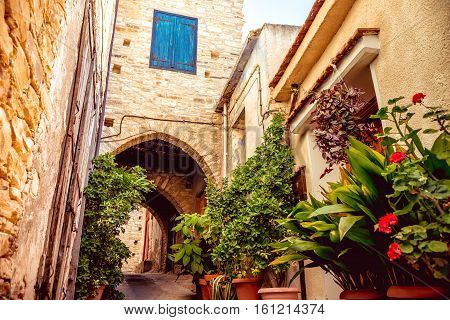 Cozy narrow street in Pano Lefkara village. Limassol District Cyprus.