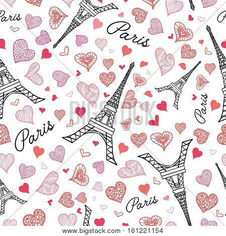 Unique Vector Eifel Tower Paris Seamless Repeat Pattern Bursting With St Valentines Day Pink Red Hearts Of Love. Perfect for travel themed postcards, greeting cards, wedding invitations.