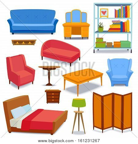 Furniture and home decor icon set vector illustration. Indoor cabinet interior room library, office bookshelf furniture icons. Modern closet bedroom silhouette furniture icons outline decoration.