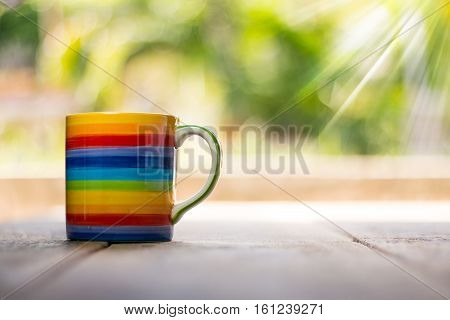 Rainbow cup green inside on wooden background