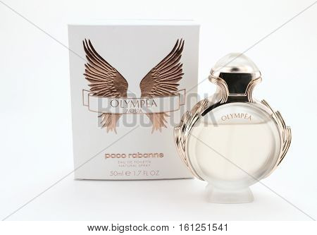 QUEENSTOWN SOUTH AFRICA - DECEMBER 04 2016: Photo of Olympea Eau de Toilette and box on white background