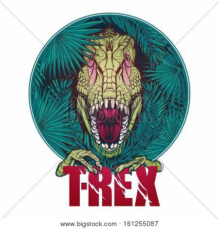 Detailed sketch style drawing of the roaring tirannosaurus rex head on a decoratve bunch of tropical leaves and flowers. Black and white sketch isolated on white background. EPS10 vector illustration.
