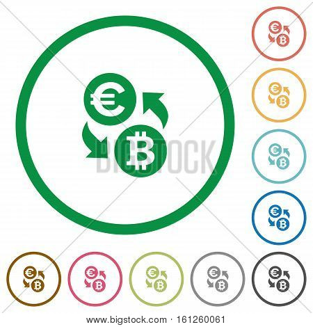 Euro Bitcoin exchange flat color icons in round outlines