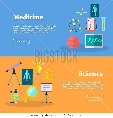 Medicine and science web banners. Laboratory template of flyear. Medicine infographic concept background. Scientific research, science lab, science test, technology illustration in flat.