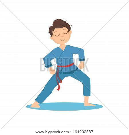 Boy Doing Meditative Tai Chi Exercise In Blue Kimono On Karate Martial Art Sports Training Cute Smiling Cartoon Character. Part Of Kids Fighters In Traditional Asian Karate Outfit Collection Of Vector Illustrations