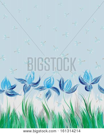 Vertical Floral seamless pattern of irises and dandelion seeds. Irises painted imitation of oil paint. Blue green flowers on a blue background. Cute print for bedding, clothes, dress etc