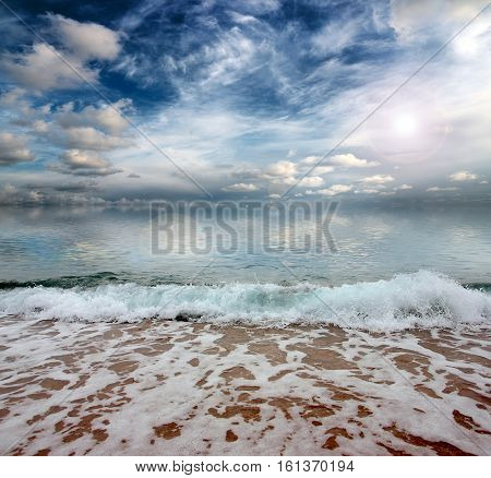 landscape with beautiful sea beach and cloudy celestial space