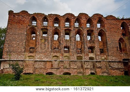 Abandoned ruins of old medieval German castle Ragnit in Konigsberg