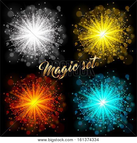 Set of transparent glow light effect on black background. Star burst with sparkles. Gold silver orange blue glitter. Vector stock