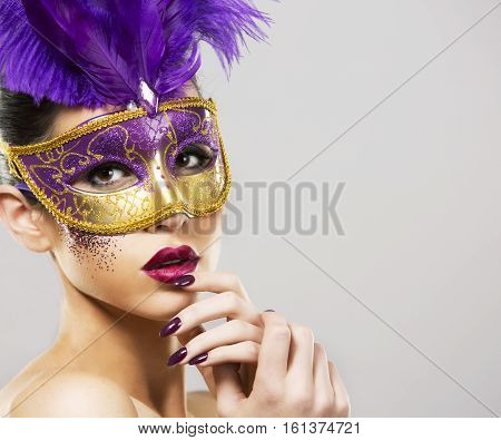 Paarty Woman Swearing Golden Mask On Light Backgound