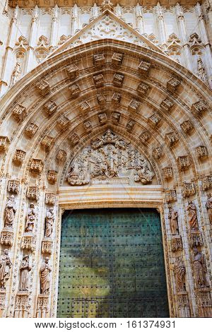 Seville cathedral facade in Constitucion avenue of Sevilla Andalusia Spain exterior image shot from public floor