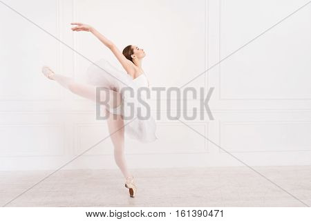Great atmosphere. Graceful young woman wearing white leotard with tutu posing sideways while standing in ballet pose