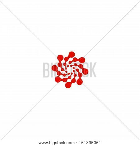 Abstract circle logotype. Unusual dotted round isolated chem logo. Virus icon. Red sun. Flower symbol. Spiral sign.Vector germs illustration