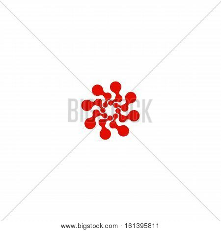 Abstract circle logotype. Unusual dotted round isolated chem logo. Virus icon. Red sun. Flower symbol. Spiral sign.Vector illustration