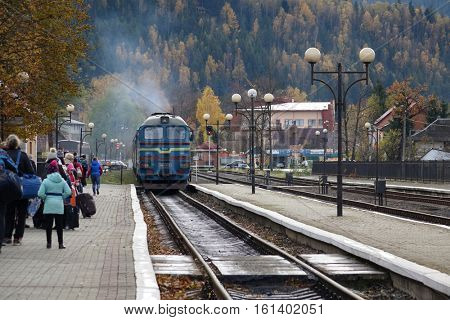 Yaremche, Ukraine, November 1, 2016. Railway station in the Carpathian mountains