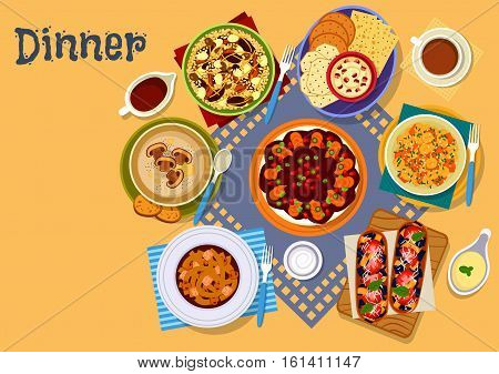 Healthy lunch menu icon with mushroom noodle soup, chicken pilaf, mushroom cream soup, beet carrot salad, eggplant tomato bruschetta, cheese dipping sauce, chickpea pumpkin salad