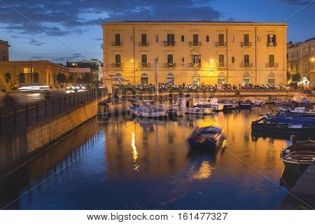 Canal Of Syracusa (syracuse) At Night- Sicily, Italy