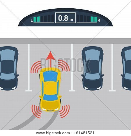 Vector illustration of scheme vertical cars parking with parktronic system in flat style