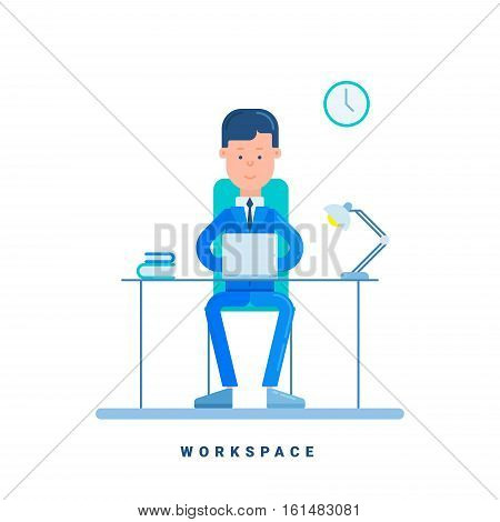 Businessman working at his desk. Business concept for workspace. Cartoon male character. Flat style vector illustration isolated on white