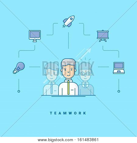 Teamwork. Three cartoon characters standing. Vector illustration in blue with flat line icons