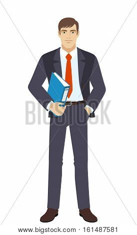Businessman holding a folder. Full length portrait of businessman in a flat style. Vector illustration.