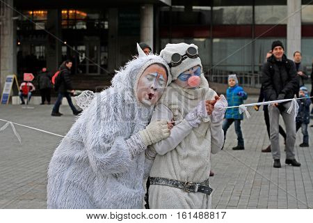 Moscow Russia - November 21 2015: Street theatre Pololo at the opening of the winter season in the Park Muzeon in Moscow