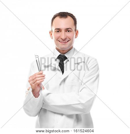 Dentist holding mirror and probe isolated on white