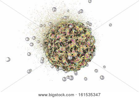 Destruction of Human Papillomavirus by silver nanoparticles, 3D illustration. Concept for Papillomavirus treatment and prevention. HPV is a virus which causes warts and cervical cancer
