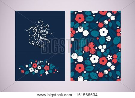 Vector flat flowers leaves and berries color silhouette background. Creative design illustration greeting card