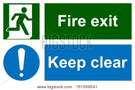 Green emergency exit sign on white and Keep clear sign. Information mandatory symbol in blue circle isolated on white. Vector illustration