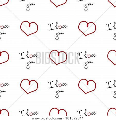 Valentine's Day seamless pattern. Red handdrawn hearts on white background texture. Web design pattern with hearts and words 