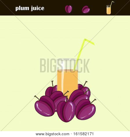Glass of juice with green straw and purple painting hand drawn plums on light background, stock vector illustration