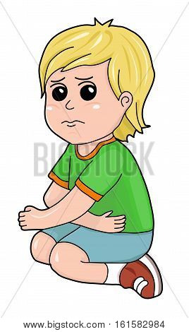The boy with blond hair is sitting on lap on the white  background.