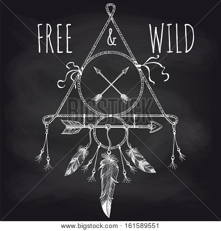 Native american accessory with feathers arrows and lettering free and wild on blackboard. Vector illustration