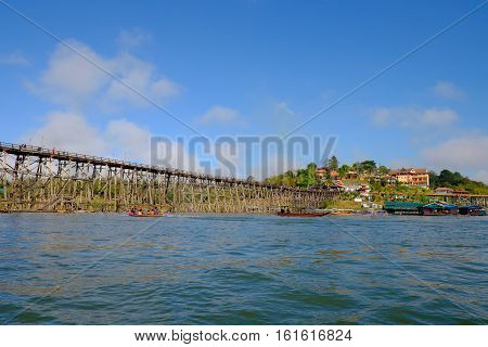 wooden Mon Bridge after sunset Sangkhla BuriKanchanaburi Thailand