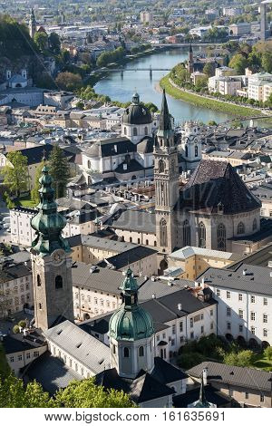 Top view of the Salzach river and the old city in center of Salzburg Austria from the walls of the fortress / Festung Hohensalzburg /