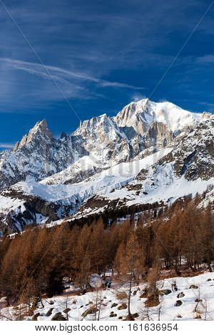 The south face of Mont Blanc, the highest mountain in continental Europe.Winter season. Italian Alps, Europe.