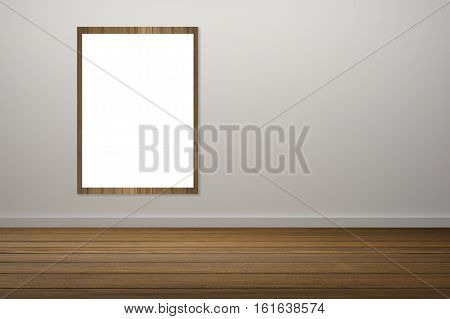 White Poster And Wooden Frame Of Picture Haning In Empty Room.space For Your Text And Picture.produc