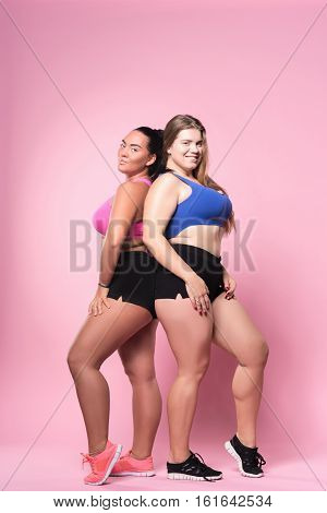 Overweight but sexy. Two attractive young over chubby girls standing back to each other against isolated pink background.
