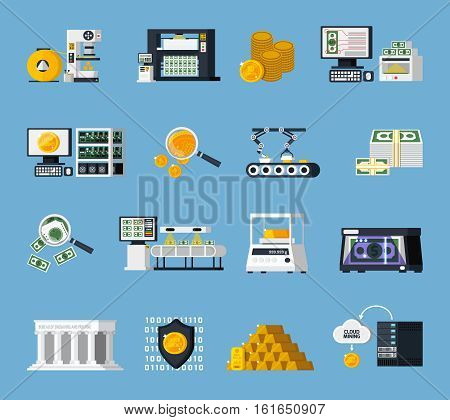 Money manufacturing icons set with finance symbols flat isolated vector illustration