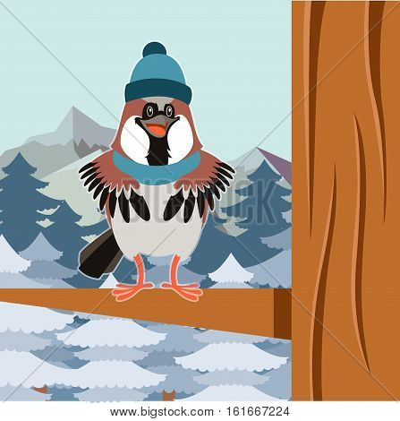 Vector image of the Happy Sparrow with Hat on the Tree flat background